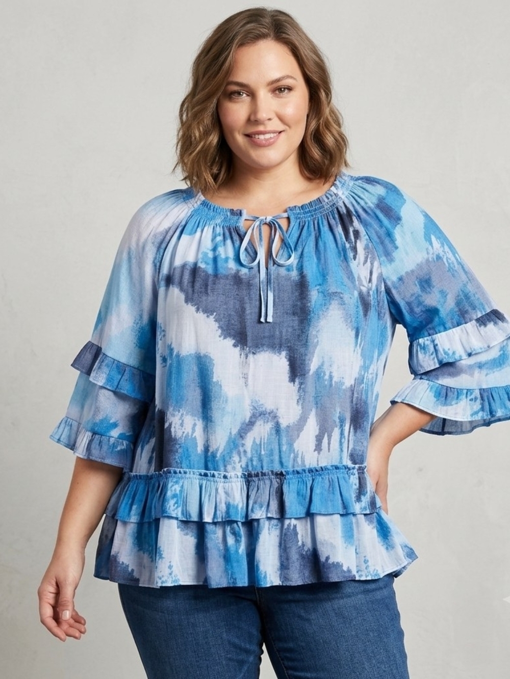 Zac & Rachel Blue/White Tie-Dye Ruffle Boho Peasant Tunic. Size L. WS 210